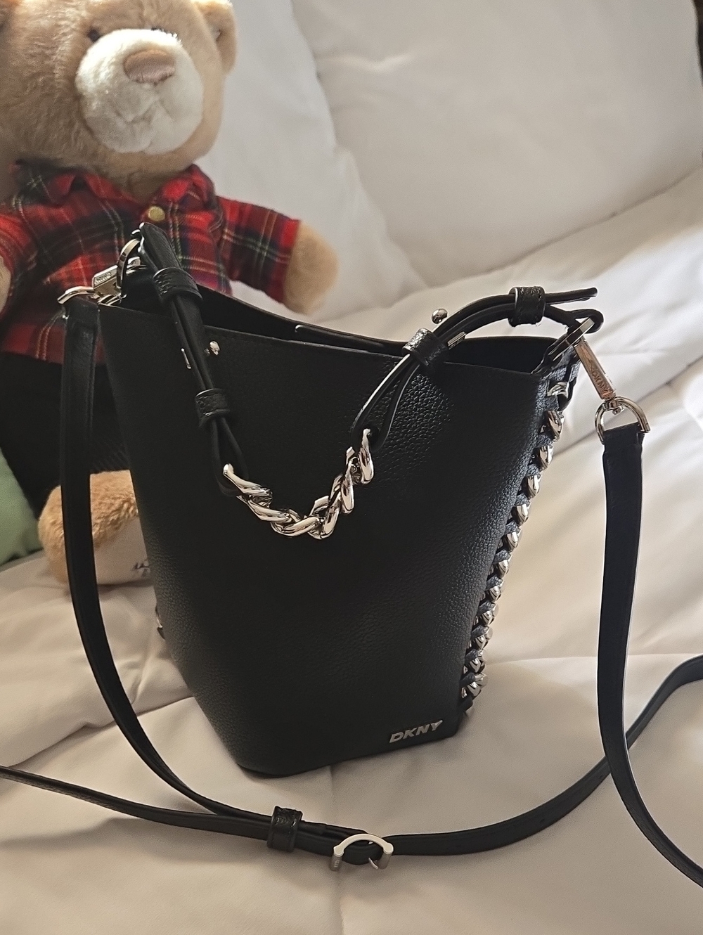 DKNY Black Leather Bucket Bag with Chain Detail